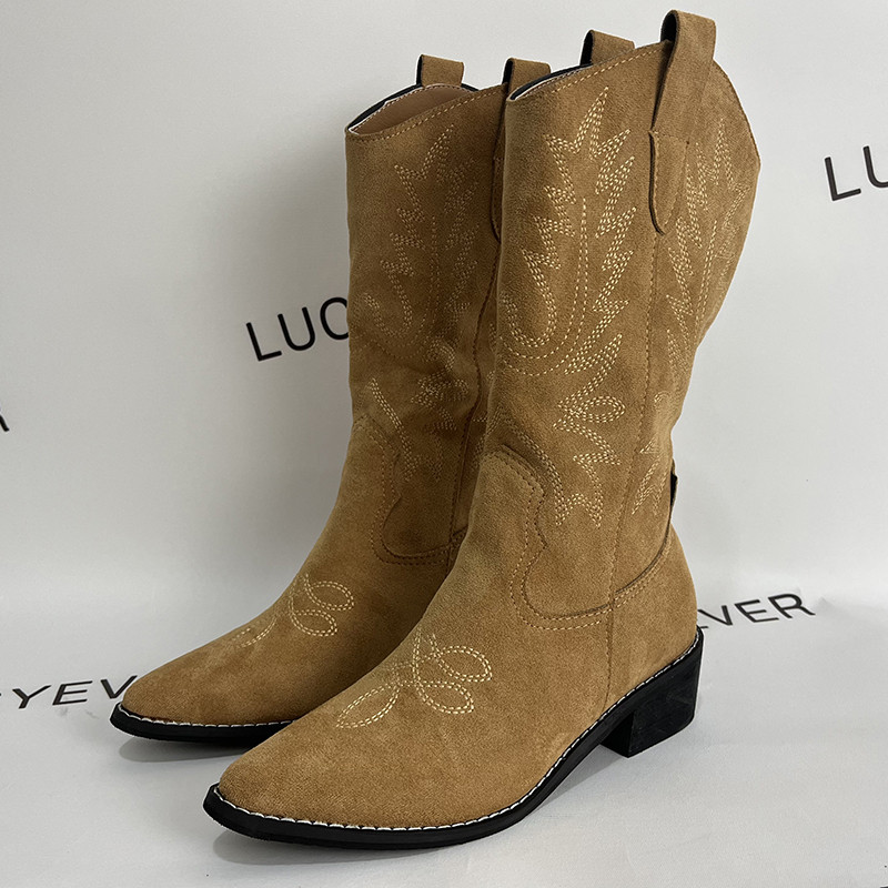 Lucyever uus tikandid terava ninaga läänesaapad, naiste libisevad paksud kontsad sääre keskosa saapad, naine, pruun kari, kauboi Botas Mujer