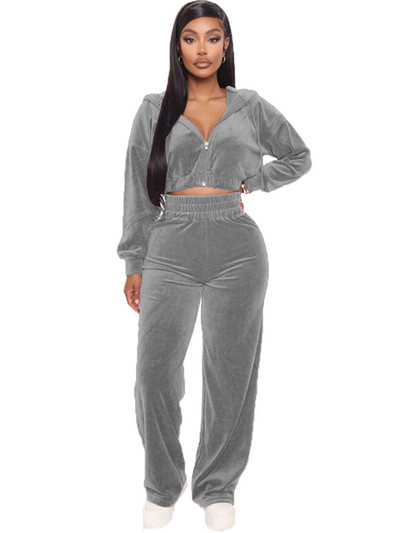 Trening din catifea Femei Set Două Piese Haine de Toamnă Fermoar Hanorace Crop Top și Pantaloni Femei Velour Seturi 2 Piese Ținute