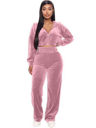 Trening din catifea Femei Set Două Piese Haine de Toamnă Fermoar Hanorace Crop Top și Pantaloni Femei Velour Seturi 2 Piese Ținute