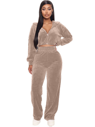 Trening din catifea Femei Set Două Piese Haine de Toamnă Fermoar Hanorace Crop Top și Pantaloni Femei Velour Seturi 2 Piese Ținute