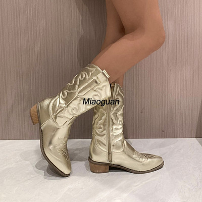 Naiste saapad Trend 2023 Keskmise kontsaga kõrged saapad naistele Retrotikandiga terava varbaga kauboi naiste etnilised ratsusaapad