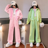 Kevad-sügis tüdrukute puuvillane tavaline kapuutsiga tõmblukuga dressipluus + avara dressipükste komplekt koolilastele, 5–16-aastaste laste dressid