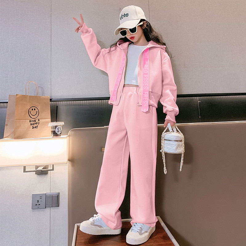 Kevad-sügis tüdrukute puuvillane tavaline kapuutsiga tõmblukuga dressipluus + avara dressipükste komplekt koolilastele, 5–16-aastaste laste dressid