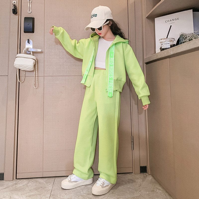 Kevad-sügis tüdrukute puuvillane tavaline kapuutsiga tõmblukuga dressipluus + avara dressipükste komplekt koolilastele, 5–16-aastaste laste dressid