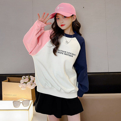 Kevad-sügis vabaaja tüdrukute lahtised puuvillased kontrastsed tähestikuga koomiksid, koolilapsed, džemprid, sviitrid 5–16 a.