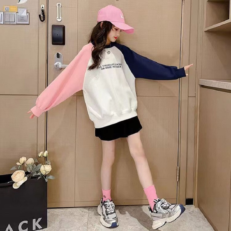 Kevad-sügis vabaaja tüdrukute lahtised puuvillased kontrastsed tähestikuga koomiksid, koolilapsed, džemprid, sviitrid 5–16 a.