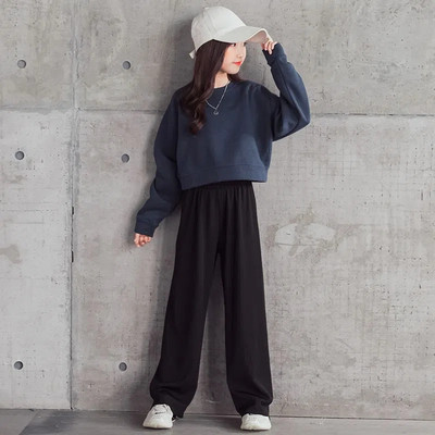 Primăvară Toamnă Fete Bumbac simplu bleumarin Hanorac+Pantaloni negri largi Trening copii Tinuta copii Seturi de jogging 2 piese 5-16 ani
