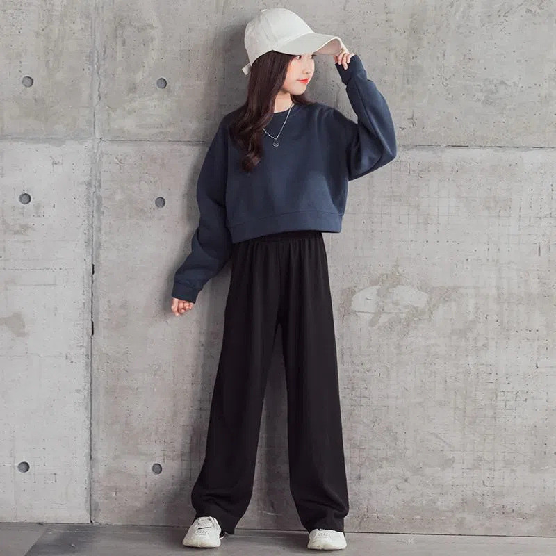 Primăvară Toamnă Fete Bumbac simplu bleumarin Hanorac+Pantaloni negri largi Trening copii Tinuta copii Seturi de jogging 2 piese 5-16 ani