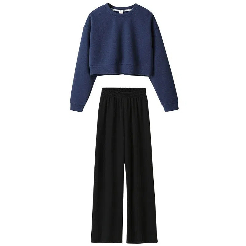 Primăvară Toamnă Fete Bumbac simplu bleumarin Hanorac+Pantaloni negri largi Trening copii Tinuta copii Seturi de jogging 2 piese 5-16 ani