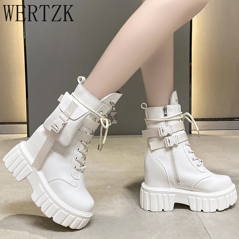 2021. ősz, új fűzős cipzáras csat zsebdísz női bokacsizmák, kerek fejű divatplatformok női alkalmi csizmákból