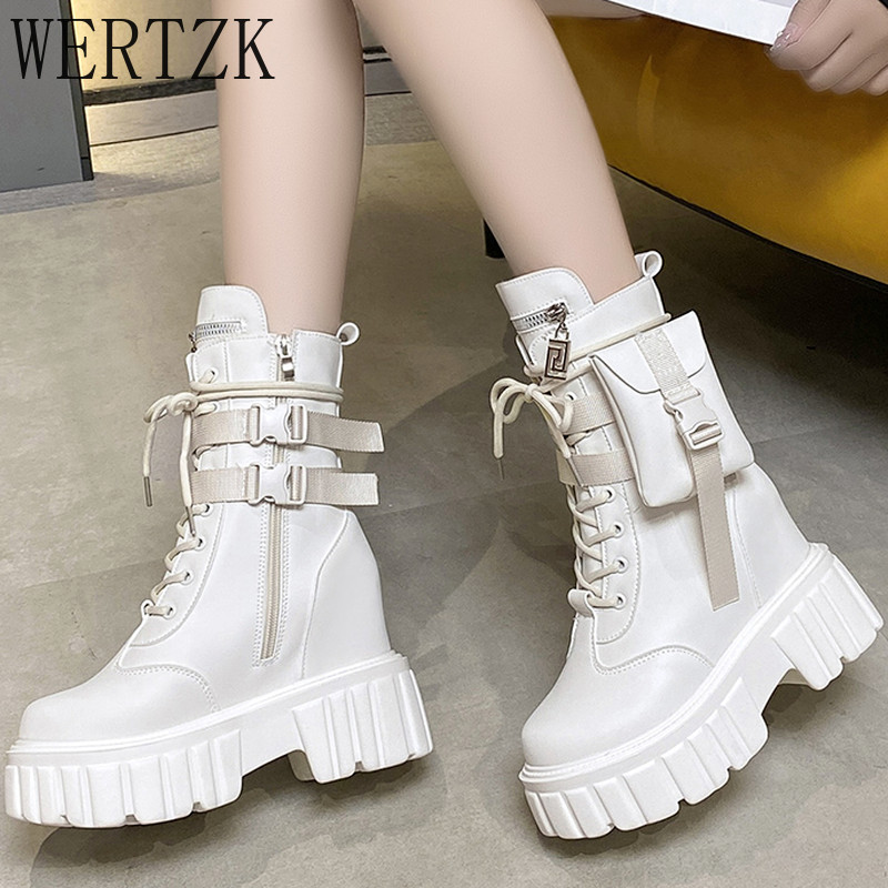 2021. ősz, új fűzős cipzáras csat zsebdísz női bokacsizmák, kerek fejű divatplatformok női alkalmi csizmákból