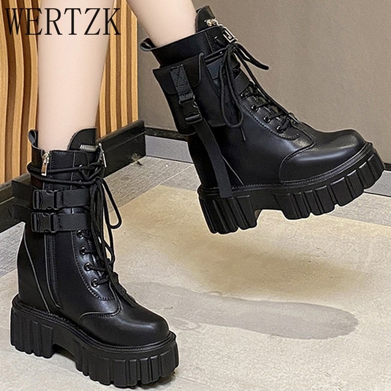 2021. ősz, új fűzős cipzáras csat zsebdísz női bokacsizmák, kerek fejű divatplatformok női alkalmi csizmákból