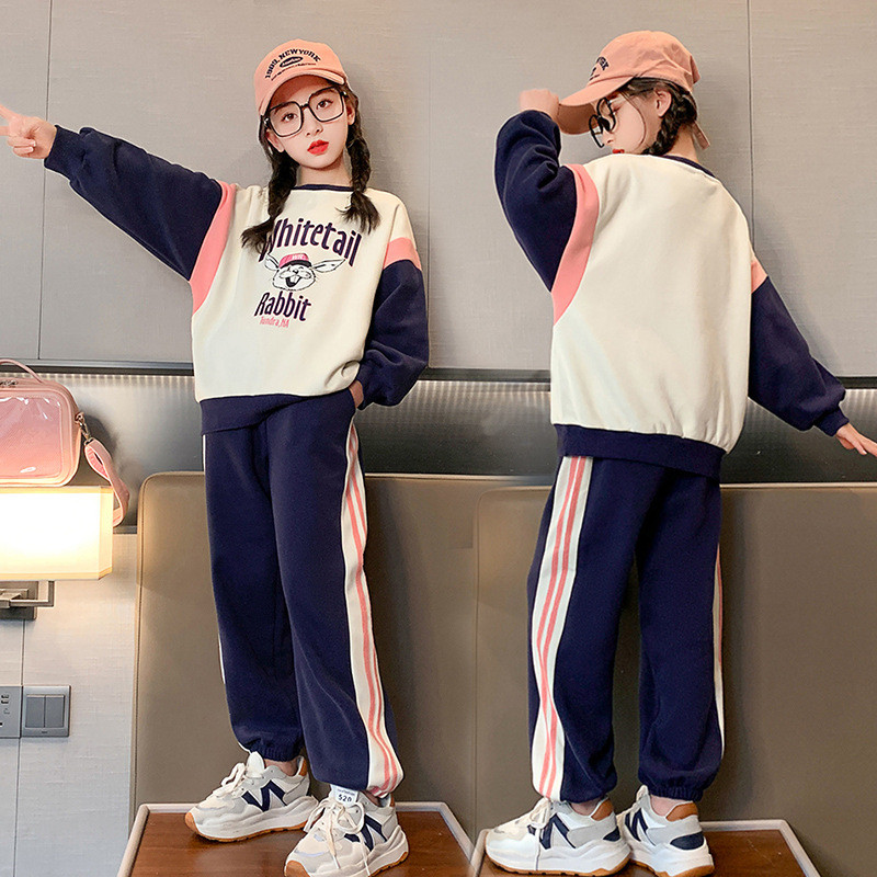 Άνοιξη Φθινόπωρο για κορίτσια Φούτερ με αντίθεση κινουμένων σχεδίων + ριγέ αθλητικό παντελόνι σχολική παιδική φόρμα Παιδική φόρμα jogger σετ προπόνησης 5-16 ετών