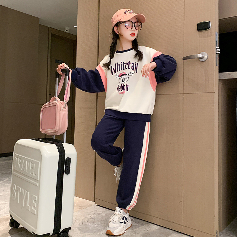 Άνοιξη Φθινόπωρο για κορίτσια Φούτερ με αντίθεση κινουμένων σχεδίων + ριγέ αθλητικό παντελόνι σχολική παιδική φόρμα Παιδική φόρμα jogger σετ προπόνησης 5-16 ετών