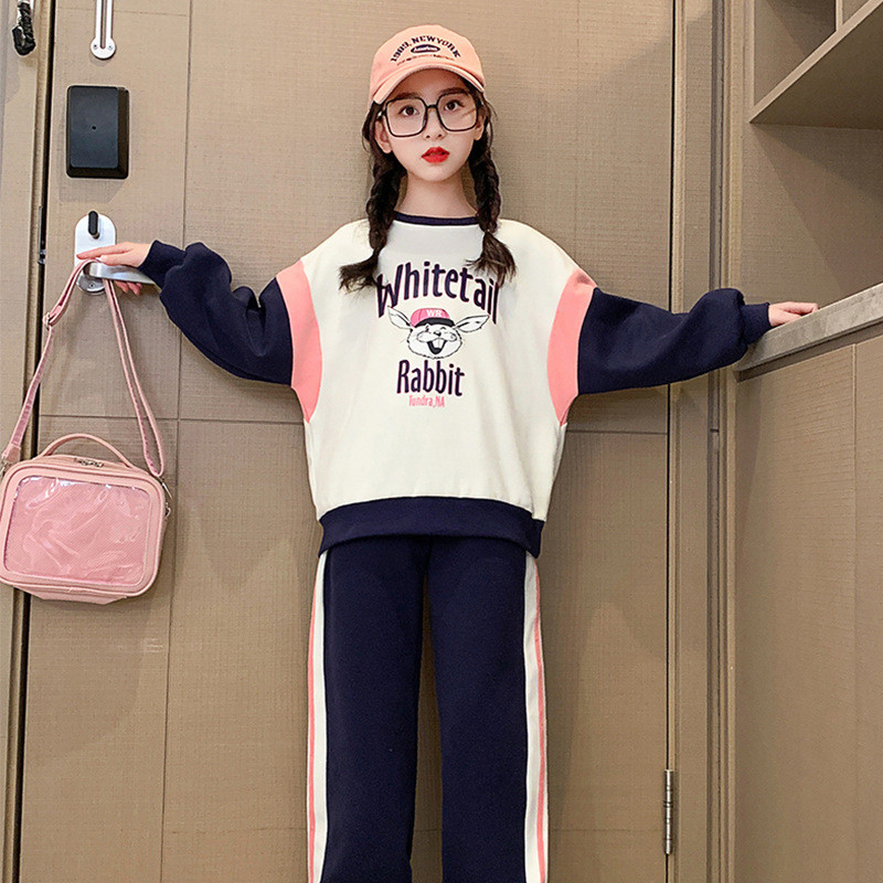 Άνοιξη Φθινόπωρο για κορίτσια Φούτερ με αντίθεση κινουμένων σχεδίων + ριγέ αθλητικό παντελόνι σχολική παιδική φόρμα Παιδική φόρμα jogger σετ προπόνησης 5-16 ετών