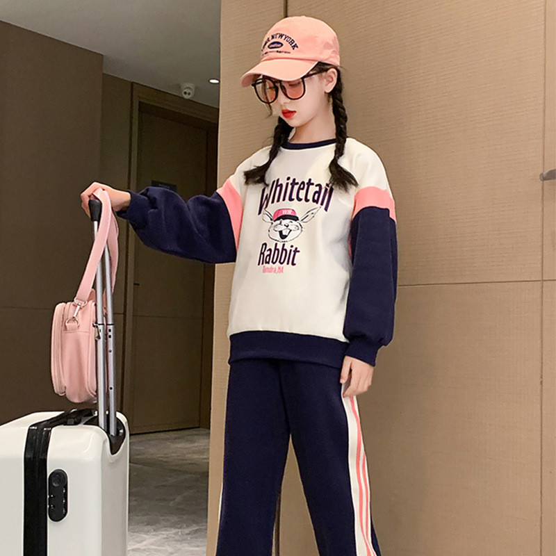 Άνοιξη Φθινόπωρο για κορίτσια Φούτερ με αντίθεση κινουμένων σχεδίων + ριγέ αθλητικό παντελόνι σχολική παιδική φόρμα Παιδική φόρμα jogger σετ προπόνησης 5-16 ετών