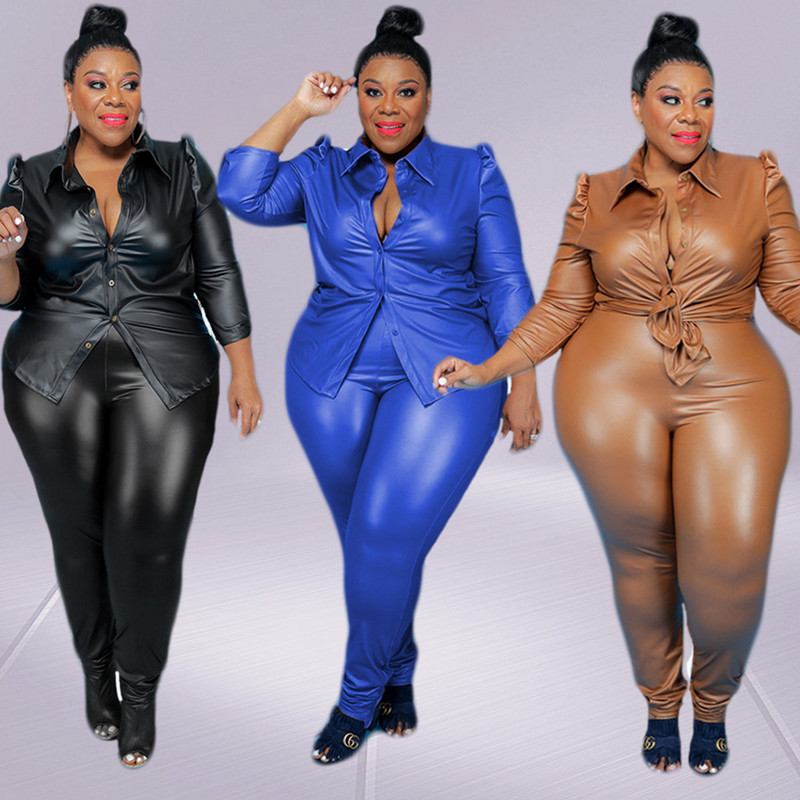 Suures suuruses naiste riided, PU, kaheosalised komplektid, pikkade varrukatega püksid, moes, uued rõivad, hulgimüük