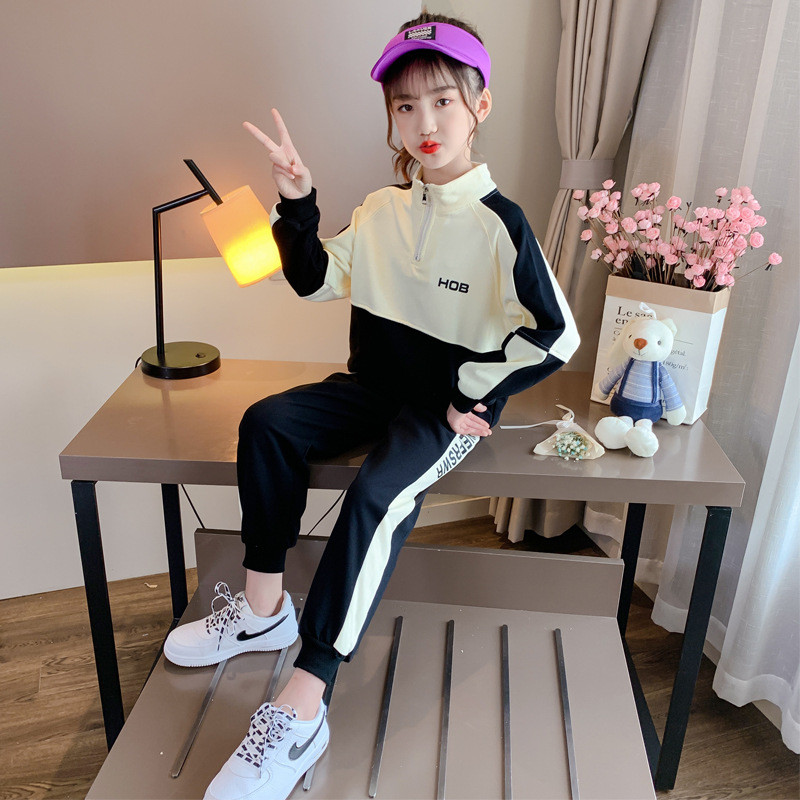 Kevad-sügis tüdrukute kontrastsus, pool lukuga tähestikuga dressipluus + dressipluusid, koolilapsed, dressid, sörkimiskostüümid, 3–14 a.