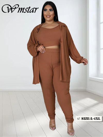 Wmstar Plus Size 3 Piece Outfits Анцуг Дамско палто Vsest Комплекти панталони с дълъг ръкав Есенна мода Steetwear Дропшиппинг на едро