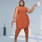 Casual Plus Size Γυναικεία Ρούχα Δύο τεμαχίων Αμάνικα Στρογγυλή λαιμόκοψη Επίδεσμοι Crop Tops Παντελόνια Σετ Παντελόνια Χονδρική Αποστολή