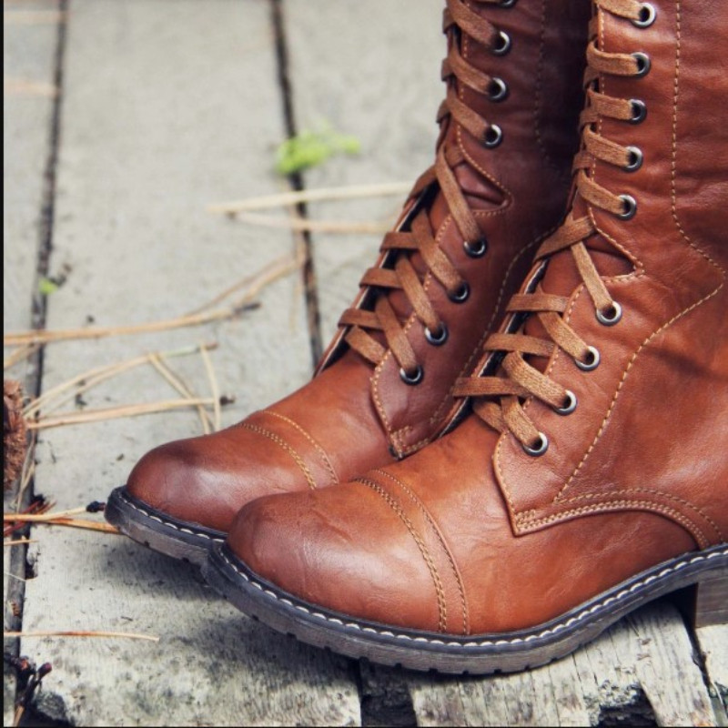 Dámske šnurovacie rytierske čižmy, jesenná móda, retro opasok, veľká veľkosť, okrúhla špička, nízky podpätok, topánky, Zapatos Platforma Mujer
