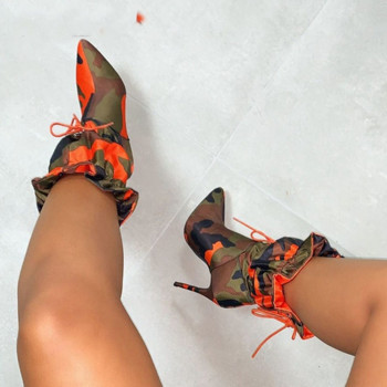 Модни дамски ботуши с остър връх до средата на прасеца Дамски обувки с камуфлажен принт и връзки Дамски обувки с високи токчета New Botas Mujer