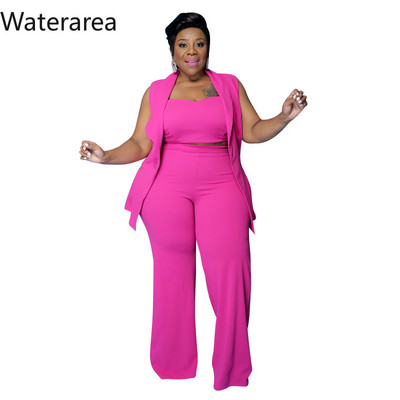 Waterarea Plus Size Solid naiste dressid Seksikas varrukateta mantel + Olkaimeta Crop Top + Laia säärega püksid OL Casual kolmeosaline komplekt