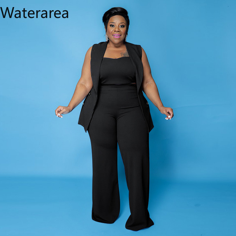 Waterarea Plus Size Solid naiste dressid Seksikas varrukateta mantel + Olkaimeta Crop Top + Laia säärega püksid OL Casual kolmeosaline komplekt