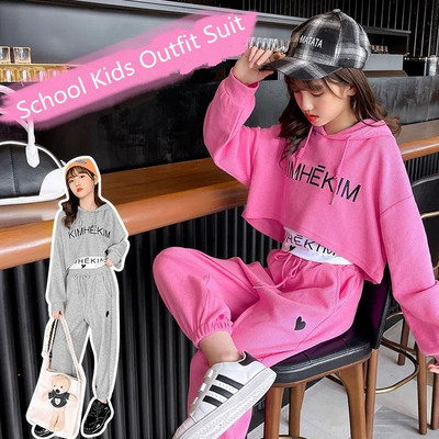 Tavaszi őszi lányok Alphabet Crop kapucnis pulóver + melegítőnadrág + póló felsők szettek Iskolai gyerekek tréningruha Gyermek 3 db-os Outfit Sportruhák 3-14 éves korig