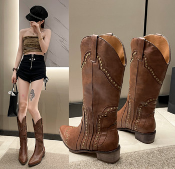 Дамски ботуши с шипове 2023 г. Каубойски каубойски западни къси кожени ботуши до коляното, луксозни дизайнерски готически нови рок обувки, ретро
