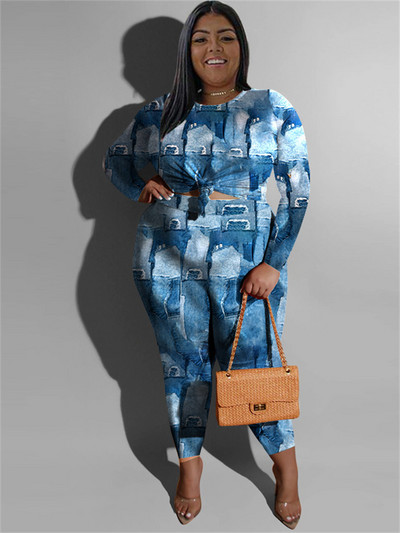 Wmstar Plus-suuruses kaheosalised rõivad Naiste riided püksid komplektid trükitud kõrge vöökohaga veniv pikkade varrukatega mood vabaaja hulgimüük