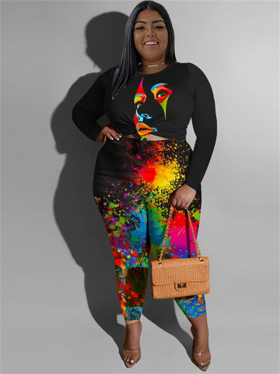 Wmstar Plus-suuruses kaheosalised rõivad Naiste riided püksid komplektid trükitud kõrge vöökohaga veniv pikkade varrukatega mood vabaaja hulgimüük