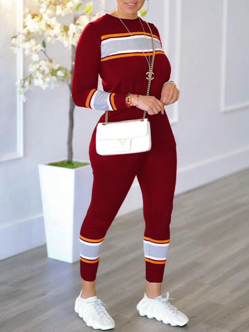 Set de două piese LW Plus Size Set de damă cu mâneci lungi în dungi în patchwork și pantaloni skinny Toamnă iarnă caldă Set 2 buc