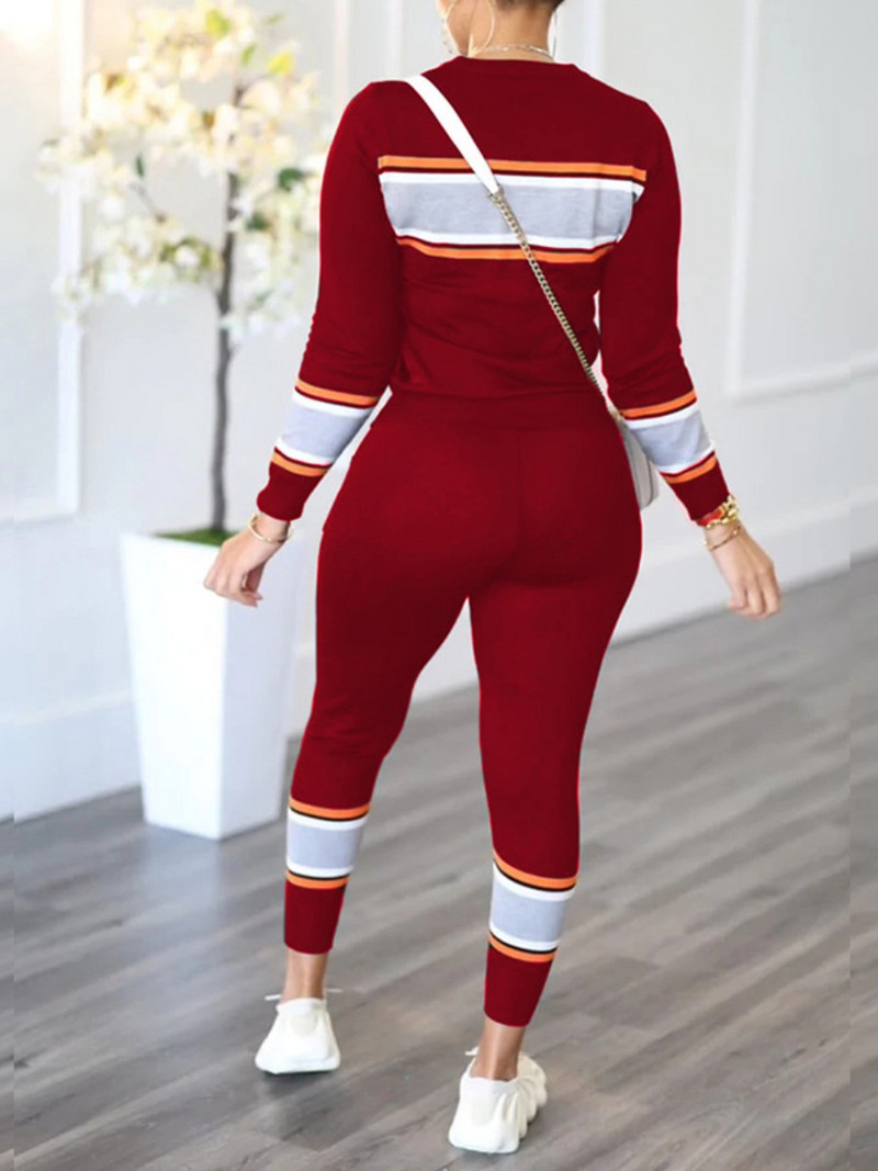 Set de două piese LW Plus Size Set de damă cu mâneci lungi în dungi în patchwork și pantaloni skinny Toamnă iarnă caldă Set 2 buc