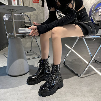 Дамски боти до глезена Есен 2023 Модни PU кожени перлени вериги Платформа Черни ботуши Пънк британски стил Ежедневни обувки за дами