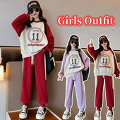 Kevad-sügis tüdrukute kontrasti tähestikuga treeningu dressipluus + nööriga dressipüksid, koolilapsed, spordidress, sörkimisriietus 5–16 a.