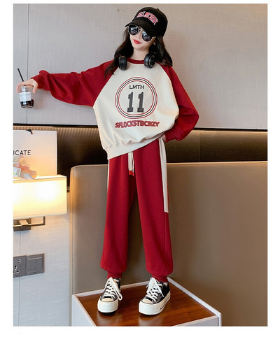 Kevad-sügis tüdrukute kontrasti tähestikuga treeningu dressipluus + nööriga dressipüksid, koolilapsed, spordidress, sörkimisriietus 5–16 a.