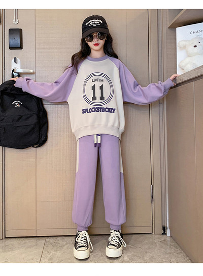 Kevad-sügis tüdrukute kontrasti tähestikuga treeningu dressipluus + nööriga dressipüksid, koolilapsed, spordidress, sörkimisriietus 5–16 a.