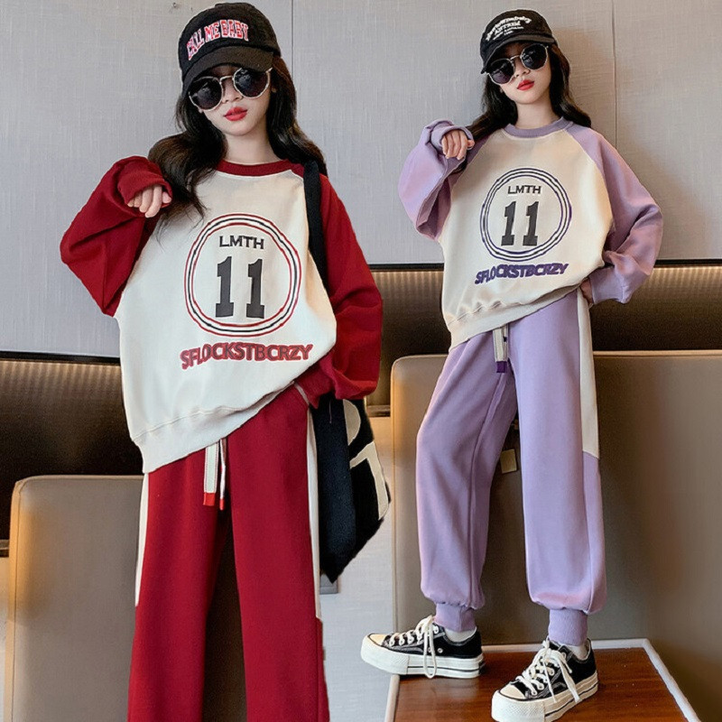 Kevad-sügis tüdrukute kontrasti tähestikuga treeningu dressipluus + nööriga dressipüksid, koolilapsed, spordidress, sörkimisriietus 5–16 a.