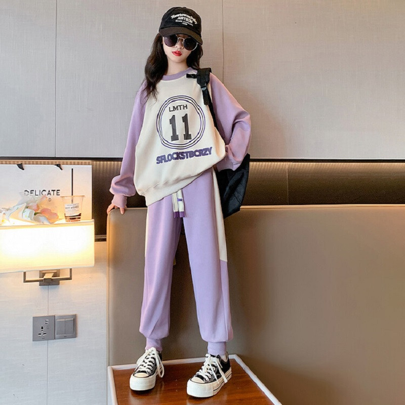 Kevad-sügis tüdrukute kontrasti tähestikuga treeningu dressipluus + nööriga dressipüksid, koolilapsed, spordidress, sörkimisriietus 5–16 a.