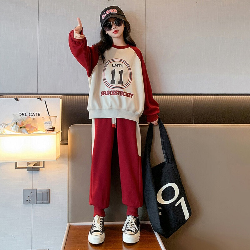 Kevad-sügis tüdrukute kontrasti tähestikuga treeningu dressipluus + nööriga dressipüksid, koolilapsed, spordidress, sörkimisriietus 5–16 a.