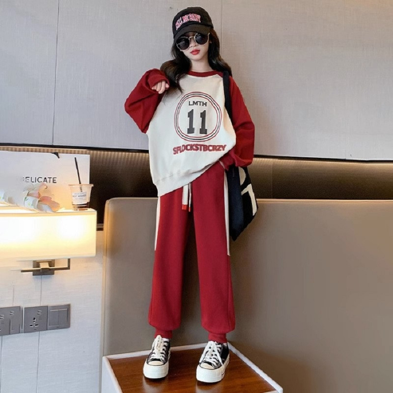 Kevad-sügis tüdrukute kontrasti tähestikuga treeningu dressipluus + nööriga dressipüksid, koolilapsed, spordidress, sörkimisriietus 5–16 a.