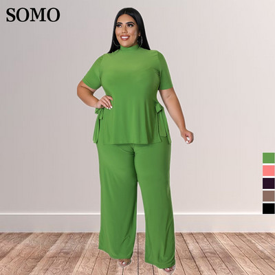 Casual Bandage Top Pantaloni lungi Ținute asortate oversize Mâneci scurte Plus Size Două piese Seturi de culoare solidă Dropshipping cu ridicata