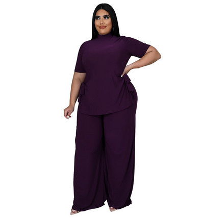 Casual Bandage Top μακρύ παντελόνι Oversize ασορτί σύνολα Κοντό μανίκι Plus μέγεθος σετ δύο τεμαχίων μονόχρωμο χονδρική Dropshipping