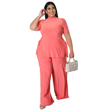 Casual Bandage Top μακρύ παντελόνι Oversize ασορτί σύνολα Κοντό μανίκι Plus μέγεθος σετ δύο τεμαχίων μονόχρωμο χονδρική Dropshipping