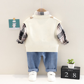 Βρεφικά σετ ρούχων για αγόρια 2022 Παιδικά μαλακό πλεκτό γιλέκο καρό πουκάμισο τζιν Παιδικά ρούχα για νήπια καθημερινά ρούχα