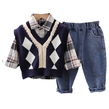 Бебешки комплекти дрехи за момчета Пролет 2022 Детска мека плетена жилетка Карирана риза Дънки Детски екипи Ежедневни дрехи за малки деца