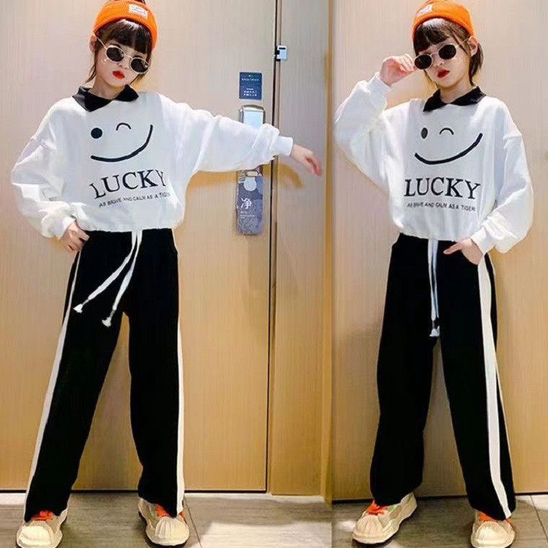 Ανοιξιάτικο φθινόπωρο για κορίτσια, βαμβακερό λευκό φούτερ + ριγέ, χαλαρό σετ φούτερ με κορδόνι, παιδική φόρμα Παιδική στολή 5-16 ετών