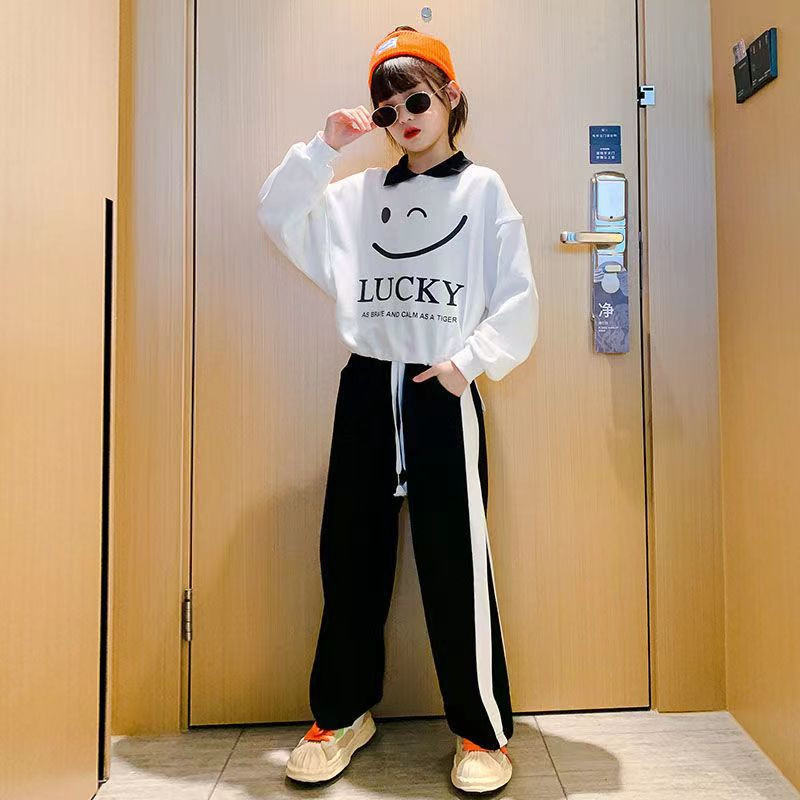 Ανοιξιάτικο φθινόπωρο για κορίτσια, βαμβακερό λευκό φούτερ + ριγέ, χαλαρό σετ φούτερ με κορδόνι, παιδική φόρμα Παιδική στολή 5-16 ετών