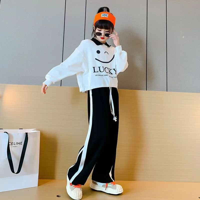 Ανοιξιάτικο φθινόπωρο για κορίτσια, βαμβακερό λευκό φούτερ + ριγέ, χαλαρό σετ φούτερ με κορδόνι, παιδική φόρμα Παιδική στολή 5-16 ετών